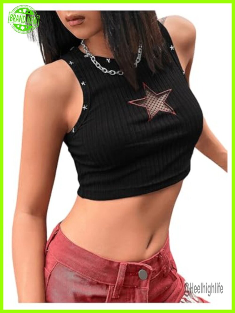 Y2K Star Cutout Fishnet Crop Tank Top Goth Rave Concert Outfit Sleeveless